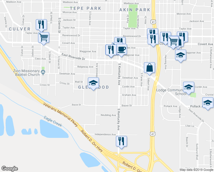 map of restaurants, bars, coffee shops, grocery stores, and more near 901 Sweetser Avenue in Evansville