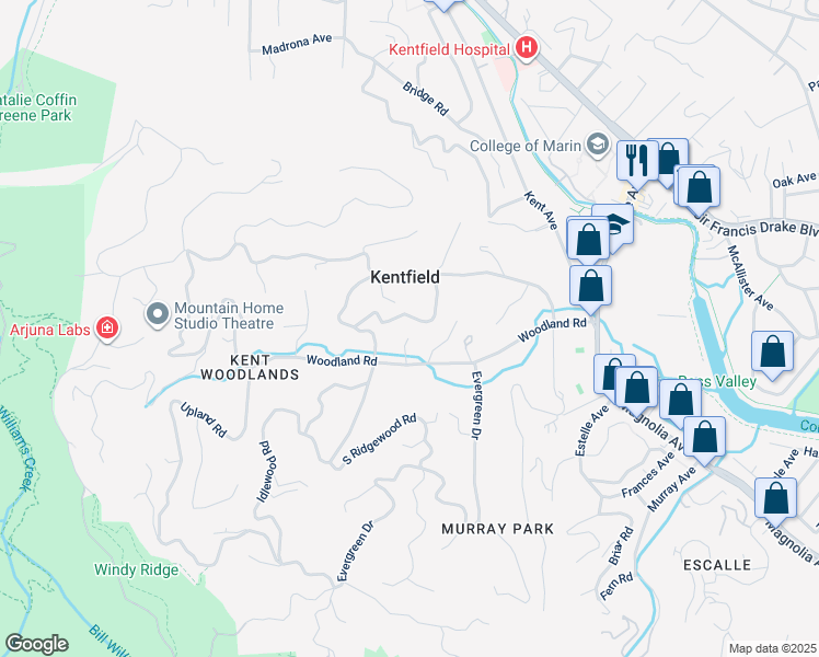 map of restaurants, bars, coffee shops, grocery stores, and more near 226 Woodland Road in Kentfield