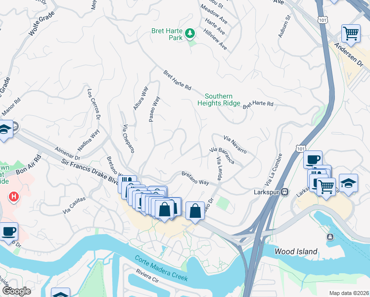 map of restaurants, bars, coffee shops, grocery stores, and more near 109 Corte Ramon in Larkspur