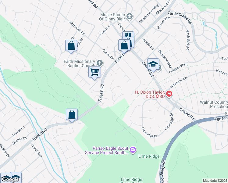map of restaurants, bars, coffee shops, grocery stores, and more near 4040 Davenport Lane in Concord