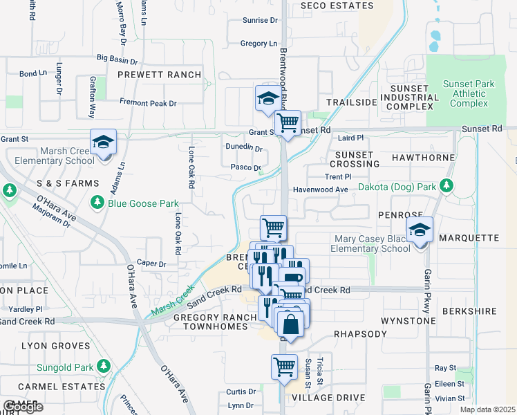 map of restaurants, bars, coffee shops, grocery stores, and more near 7251 Brentwood Boulevard in Brentwood