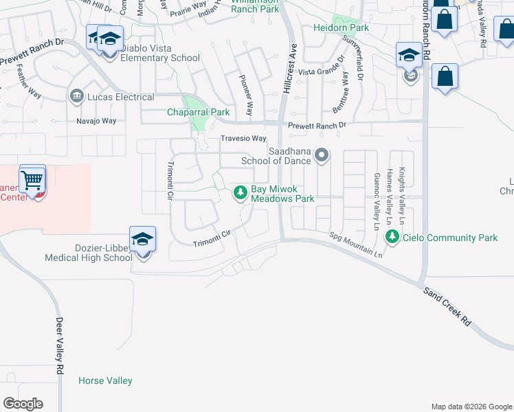 map of restaurants, bars, coffee shops, grocery stores, and more near Hillcrest Avenue in Antioch