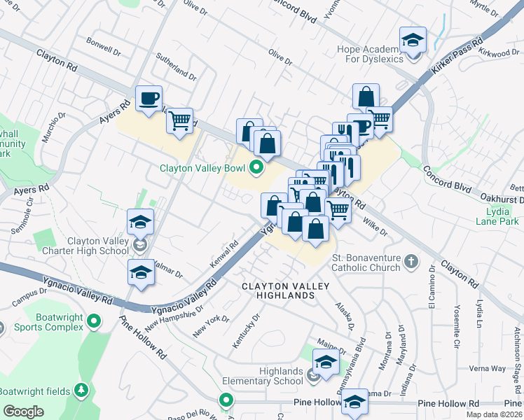 map of restaurants, bars, coffee shops, grocery stores, and more near in Concord