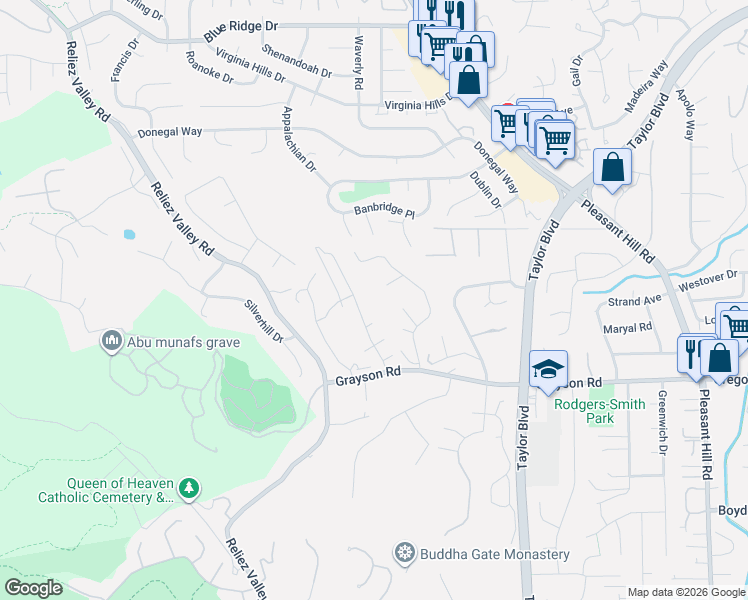 map of restaurants, bars, coffee shops, grocery stores, and more near 227 Golf Links Street in Pleasant Hill