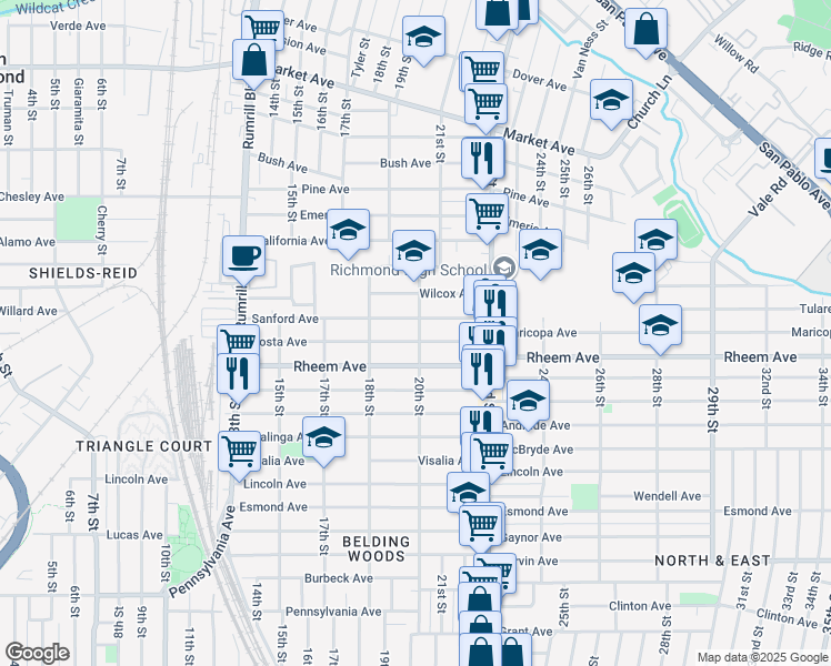 map of restaurants, bars, coffee shops, grocery stores, and more near 1928 Costa Avenue in Richmond