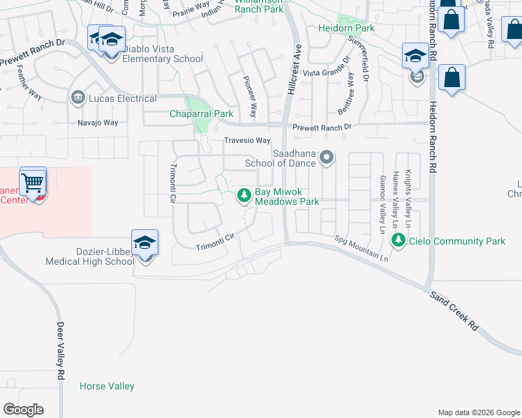 map of restaurants, bars, coffee shops, grocery stores, and more near Hillcrest Avenue in Antioch