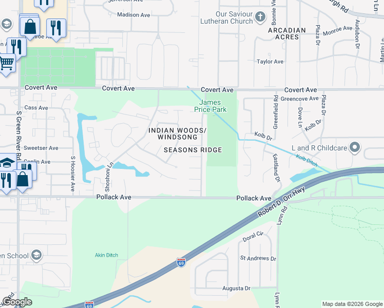 map of restaurants, bars, coffee shops, grocery stores, and more near 6020 Snowflake Cove in Evansville