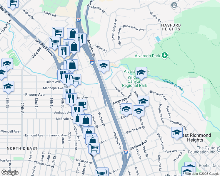 map of restaurants, bars, coffee shops, grocery stores, and more near 5423 Shasta Avenue in San Pablo