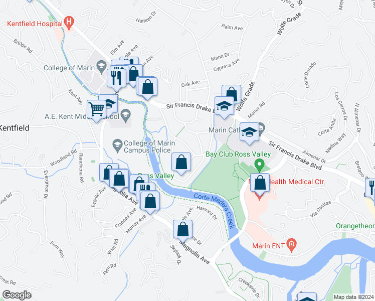 map of restaurants, bars, coffee shops, grocery stores, and more near 115 McAllister Avenue in Kentfield