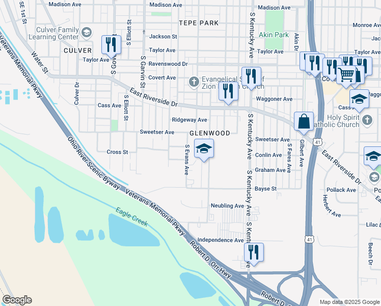 map of restaurants, bars, coffee shops, grocery stores, and more near 781 Cross Street in Evansville