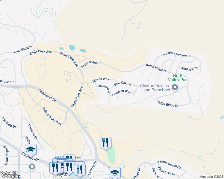 map of restaurants, bars, coffee shops, grocery stores, and more near 352 Blue Oak Lane in Clayton