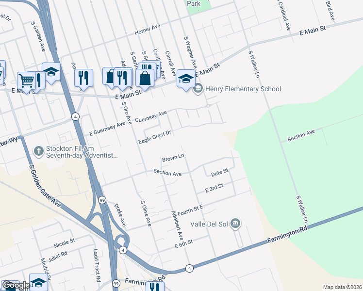 map of restaurants, bars, coffee shops, grocery stores, and more near 1400 South Sinclair Avenue in Stockton