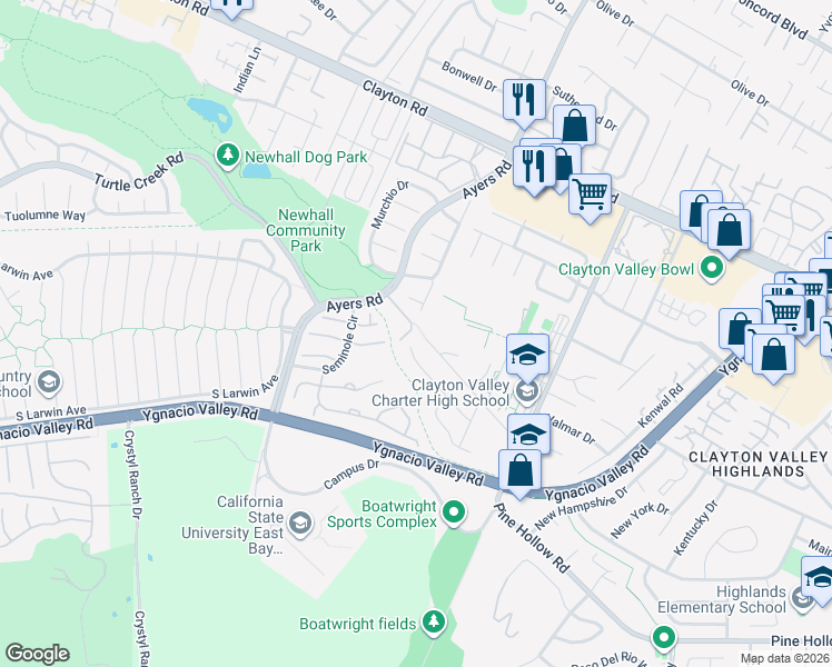 map of restaurants, bars, coffee shops, grocery stores, and more near 5079 Black Oak Road in Concord