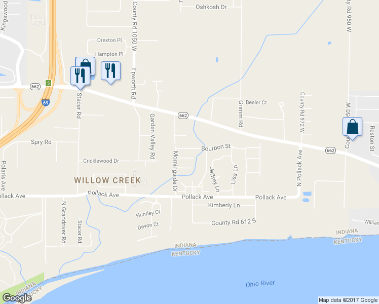 map of restaurants, bars, coffee shops, grocery stores, and more near 10249 Bourbon Street in Newburgh