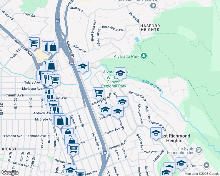 map of restaurants, bars, coffee shops, grocery stores, and more near 5633 McBryde Avenue in Richmond