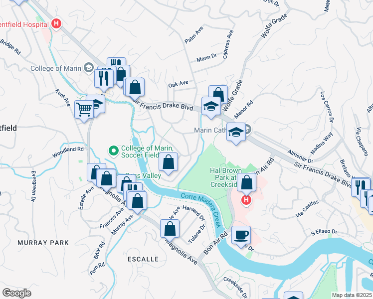 map of restaurants, bars, coffee shops, grocery stores, and more near 101 McAllister Avenue in Kentfield