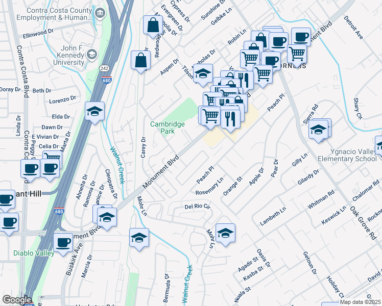 map of restaurants, bars, coffee shops, grocery stores, and more near 100 The Trees Drive in Concord