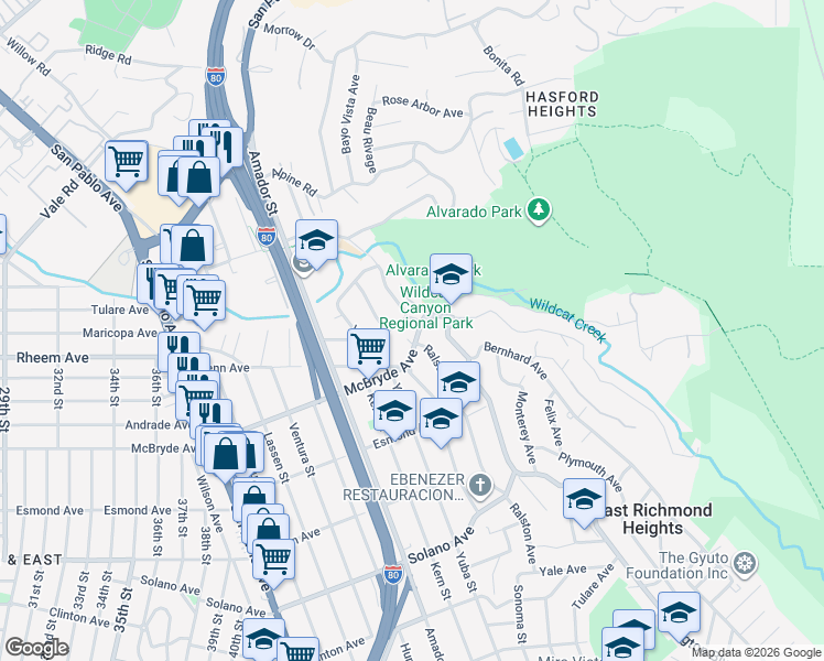 map of restaurants, bars, coffee shops, grocery stores, and more near 5633 McBryde Avenue in Richmond