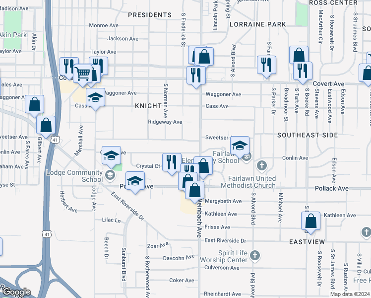map of restaurants, bars, coffee shops, grocery stores, and more near 1904 Plantation Court in Evansville