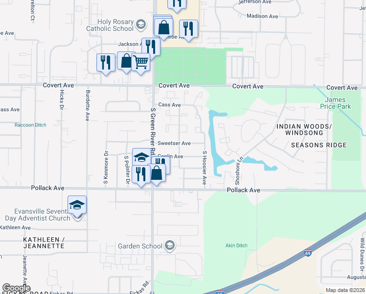 map of restaurants, bars, coffee shops, grocery stores, and more near 5001 Conlin Avenue in Evansville