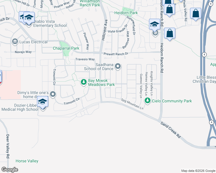 map of restaurants, bars, coffee shops, grocery stores, and more near 5348 High Valley Lane in Antioch
