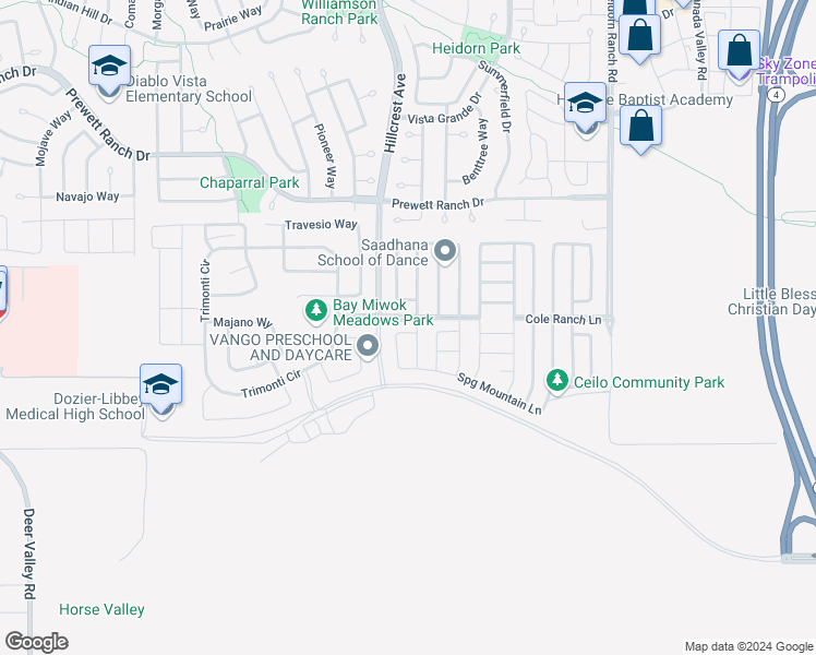 map of restaurants, bars, coffee shops, grocery stores, and more near 5348 High Valley Lane in Antioch