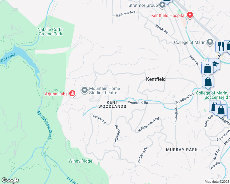 map of restaurants, bars, coffee shops, grocery stores, and more near 436 Woodland Road in Kentfield