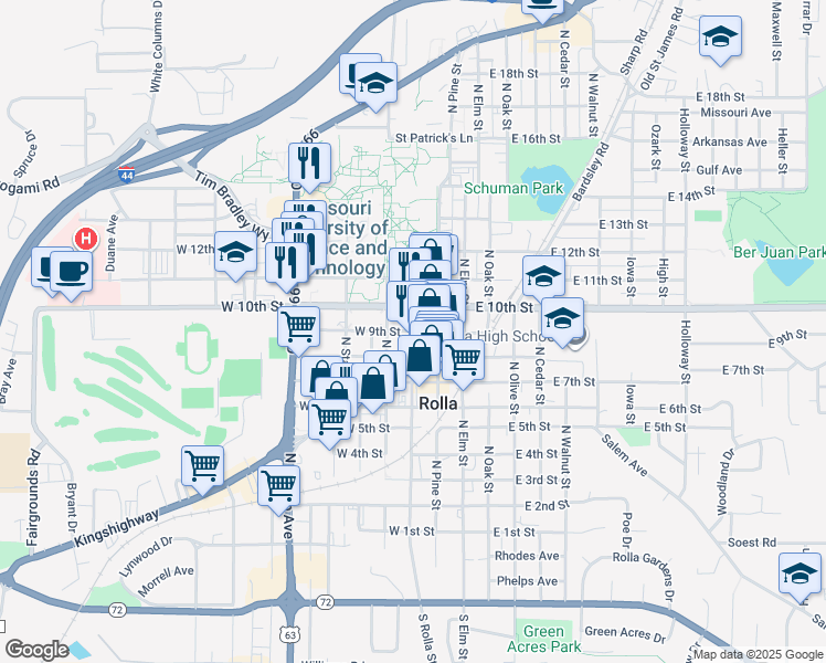 map of restaurants, bars, coffee shops, grocery stores, and more near 801 North Rolla Street in Rolla