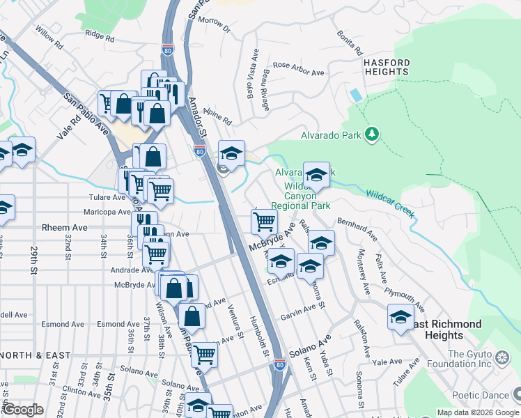 map of restaurants, bars, coffee shops, grocery stores, and more near 1218 Yuba Avenue in San Pablo