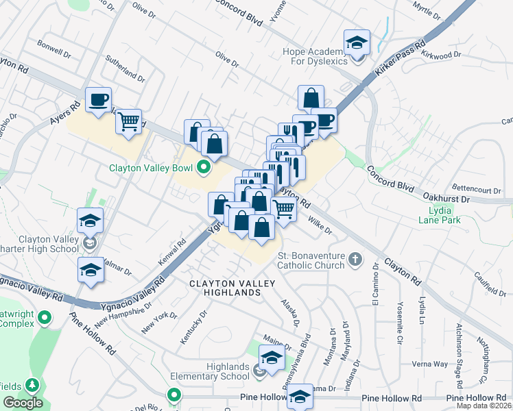 map of restaurants, bars, coffee shops, grocery stores, and more near 5442 Ygnacio Valley Road in Concord