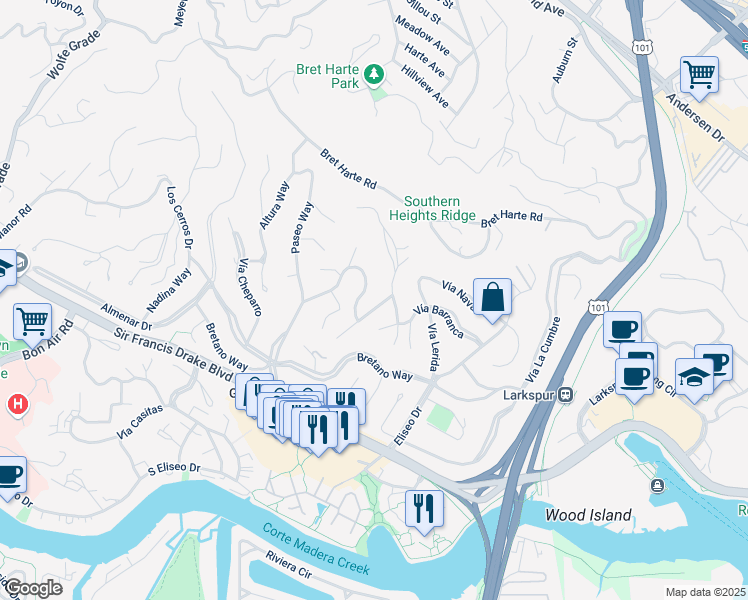 map of restaurants, bars, coffee shops, grocery stores, and more near 140 La Cuesta Drive in Larkspur