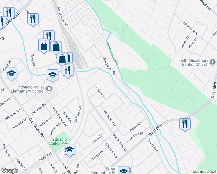 map of restaurants, bars, coffee shops, grocery stores, and more near 2854 Saint Joseph Drive in Concord