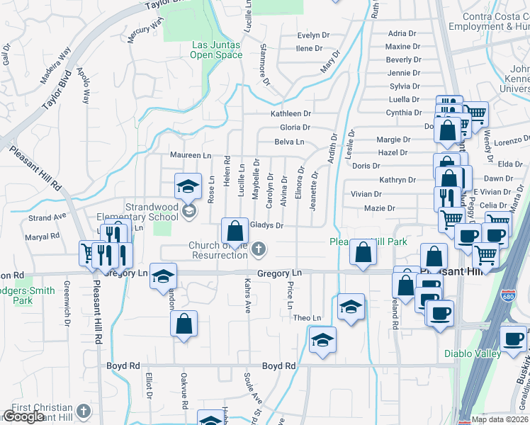 map of restaurants, bars, coffee shops, grocery stores, and more near 1961 Carolyn Drive in Pleasant Hill