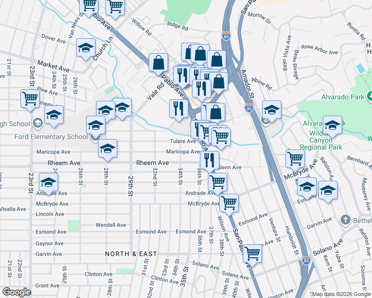 map of restaurants, bars, coffee shops, grocery stores, and more near 3421 Tulare Avenue in Richmond