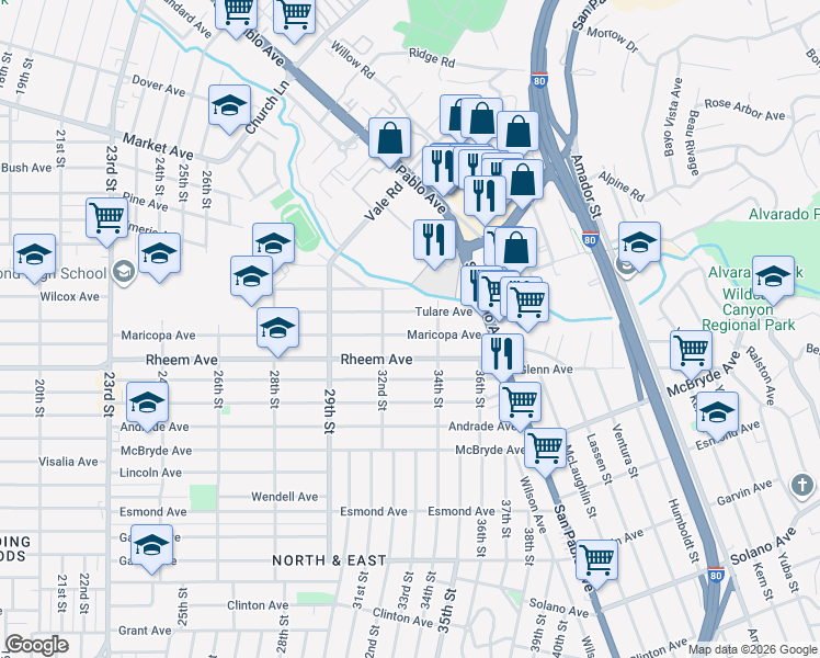 map of restaurants, bars, coffee shops, grocery stores, and more near 3257 Tulare Avenue in Richmond