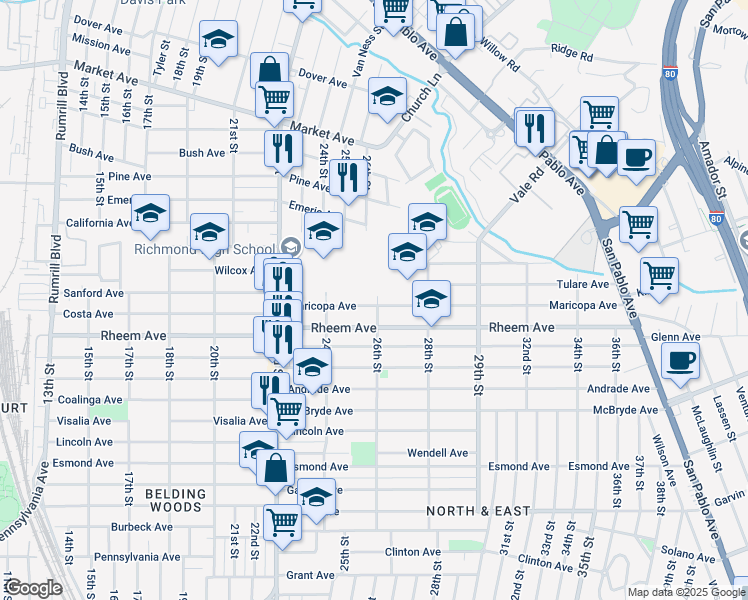 map of restaurants, bars, coffee shops, grocery stores, and more near 1777 26th Street in Richmond