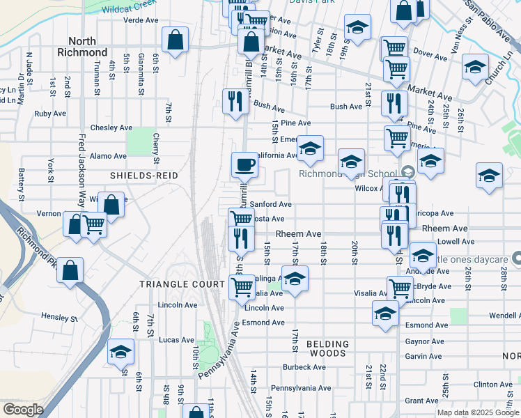 map of restaurants, bars, coffee shops, grocery stores, and more near 1312 Regina Avenue in San Pablo