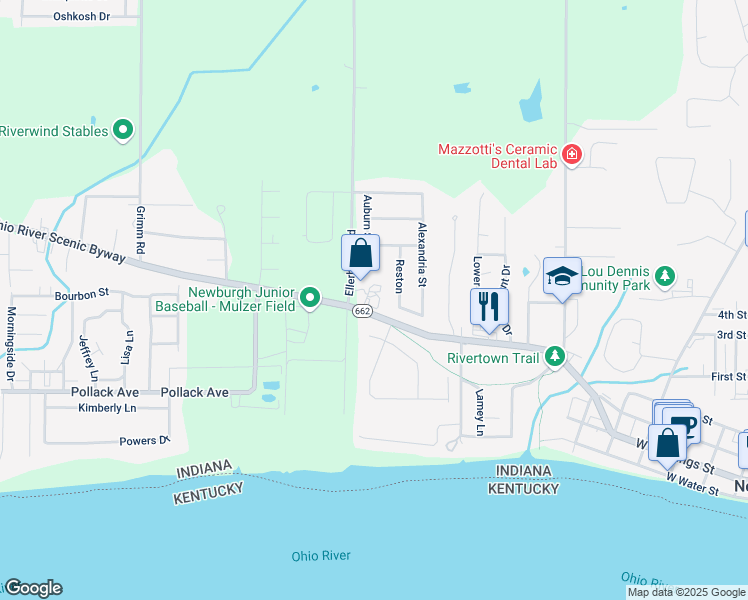 map of restaurants, bars, coffee shops, grocery stores, and more near 1204 Indiana 662 in Newburgh