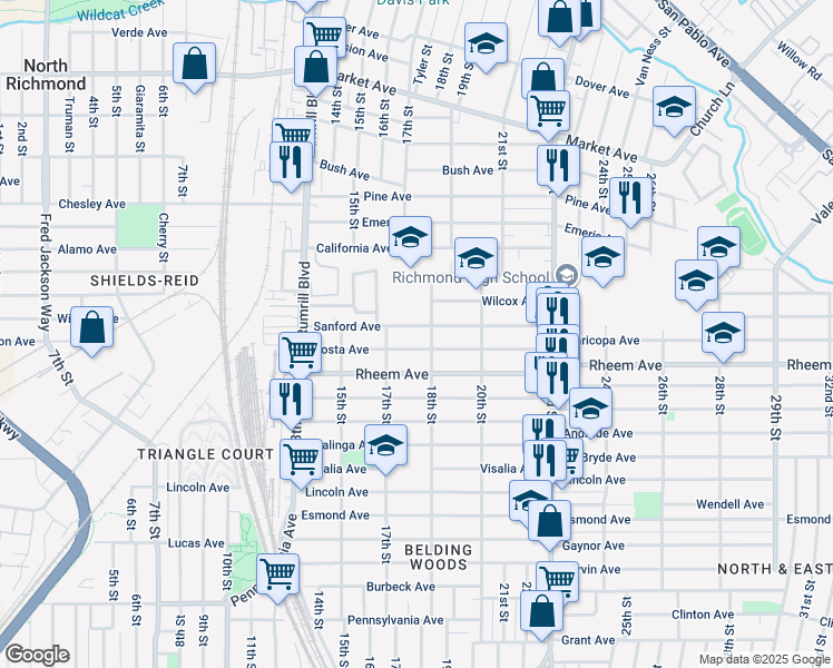 map of restaurants, bars, coffee shops, grocery stores, and more near 1720 Sanford Avenue in San Pablo