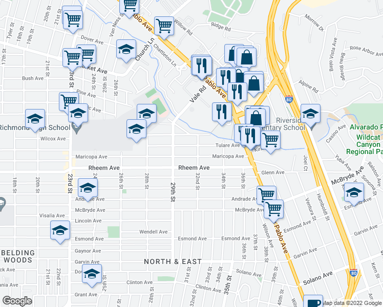 map of restaurants, bars, coffee shops, grocery stores, and more near 3035 Maricopa Avenue in Richmond