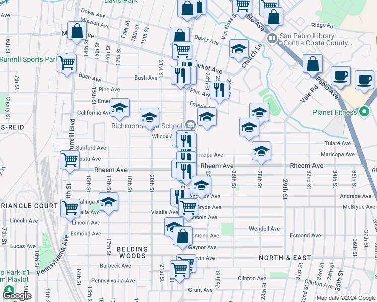 map of restaurants, bars, coffee shops, grocery stores, and more near 1229 23rd Street in Richmond