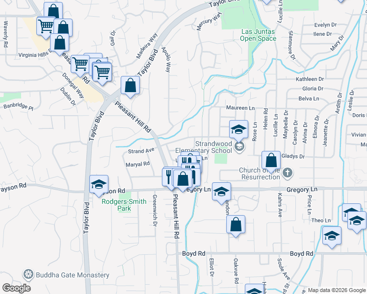 map of restaurants, bars, coffee shops, grocery stores, and more near 512 Westover Lane in Pleasant Hill