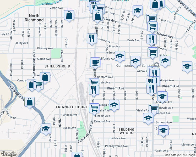 map of restaurants, bars, coffee shops, grocery stores, and more near 1312 Regina Avenue in San Pablo