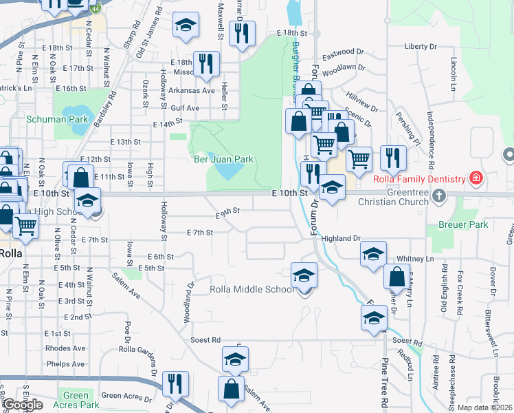 map of restaurants, bars, coffee shops, grocery stores, and more near 1103 East 9th Street in Rolla