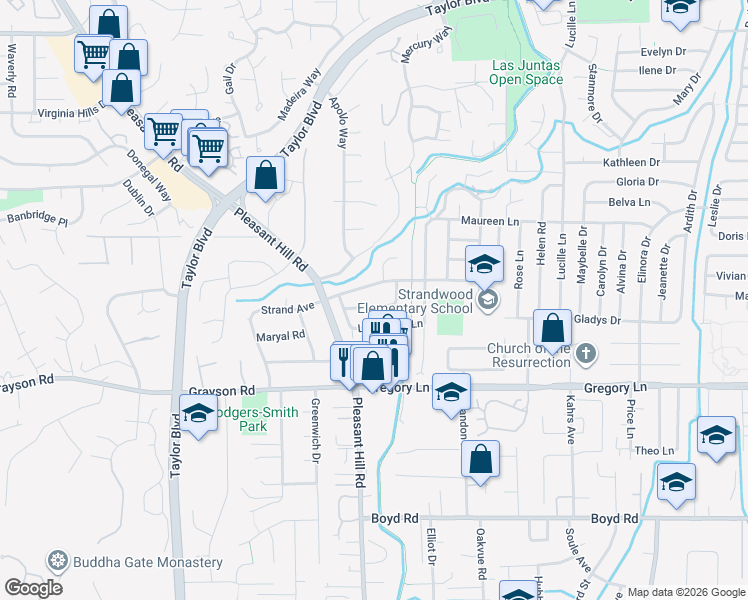 map of restaurants, bars, coffee shops, grocery stores, and more near 512 Westover Lane in Pleasant Hill