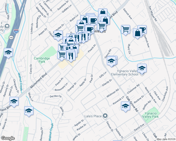 map of restaurants, bars, coffee shops, grocery stores, and more near 1640 Apple Drive in Concord