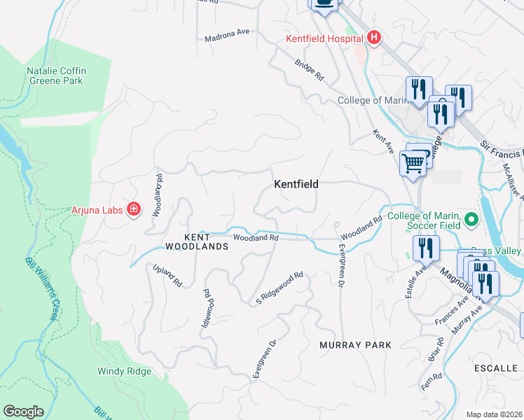map of restaurants, bars, coffee shops, grocery stores, and more near 36 North Ridgewood Road in Kentfield