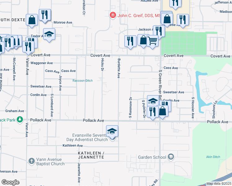 map of restaurants, bars, coffee shops, grocery stores, and more near 1803 Burdette Avenue in Evansville