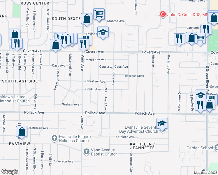 map of restaurants, bars, coffee shops, grocery stores, and more near 3506 Conlin Avenue in Evansville