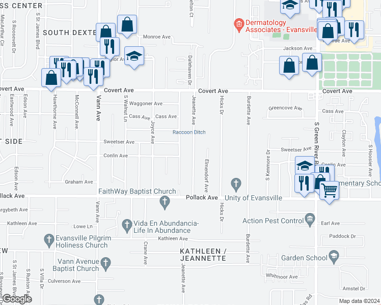 map of restaurants, bars, coffee shops, grocery stores, and more near 1813 Jeanette Avenue in Evansville